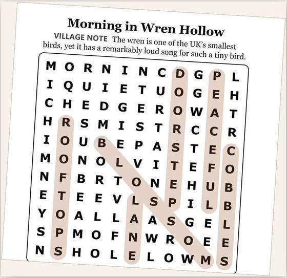 Sample page from The Wren Hollow Mystery: a large print word search grid with a village note above it